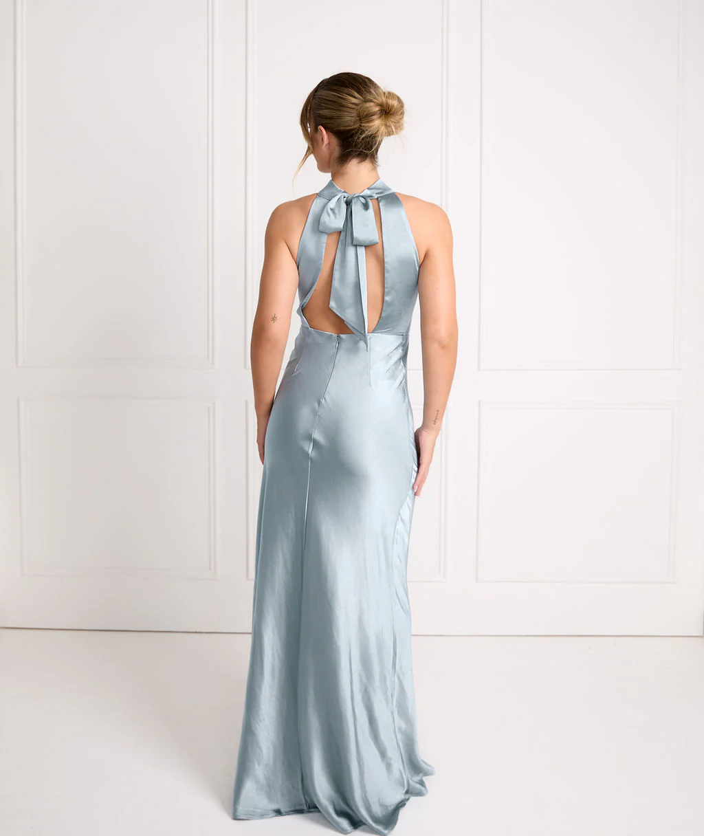 Halter Neck Satin Bridesmaid Dress - Dusty Blue - Image 4