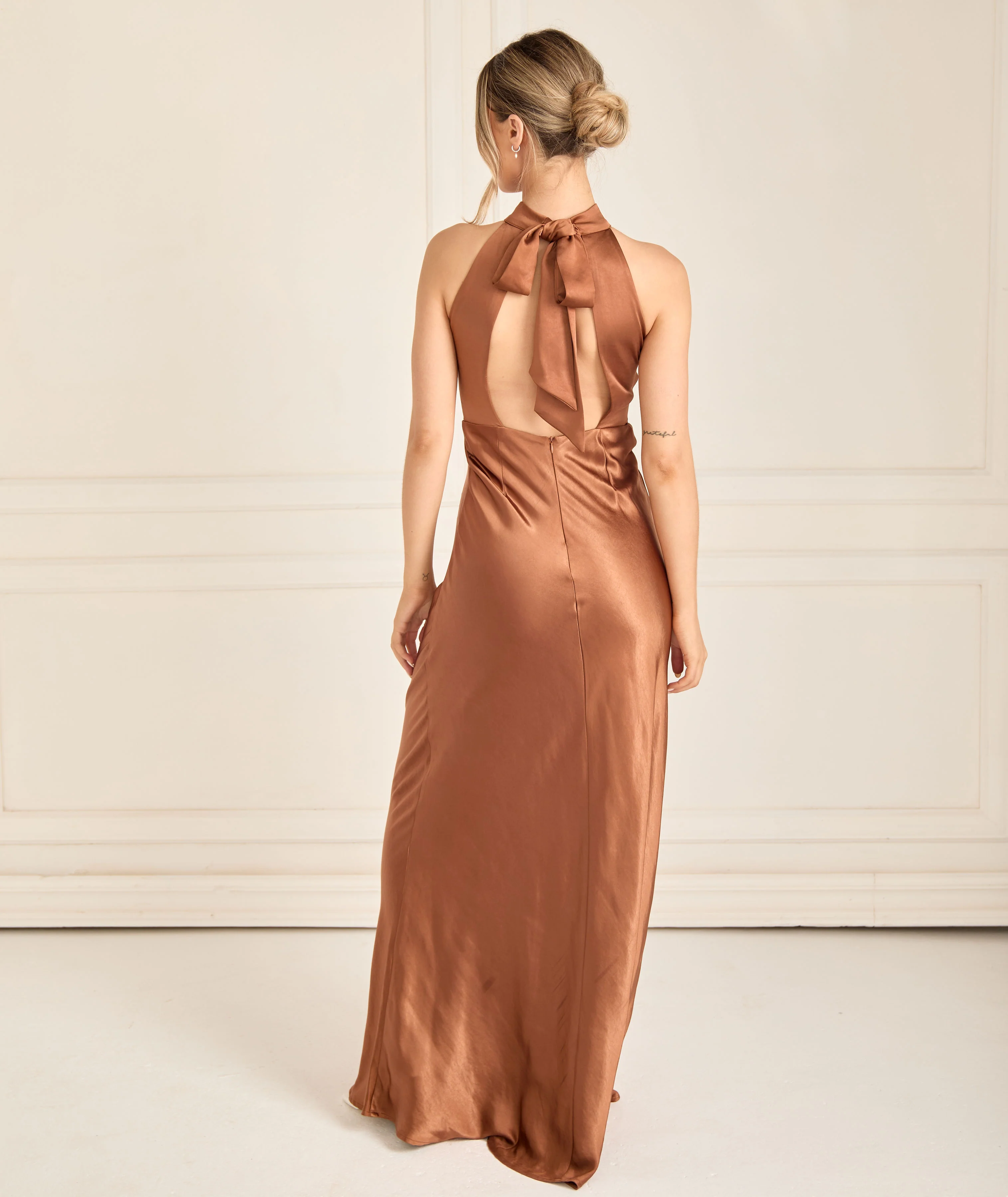 Halter Neck Satin Bridesmaid Dress - Rust - Image 4