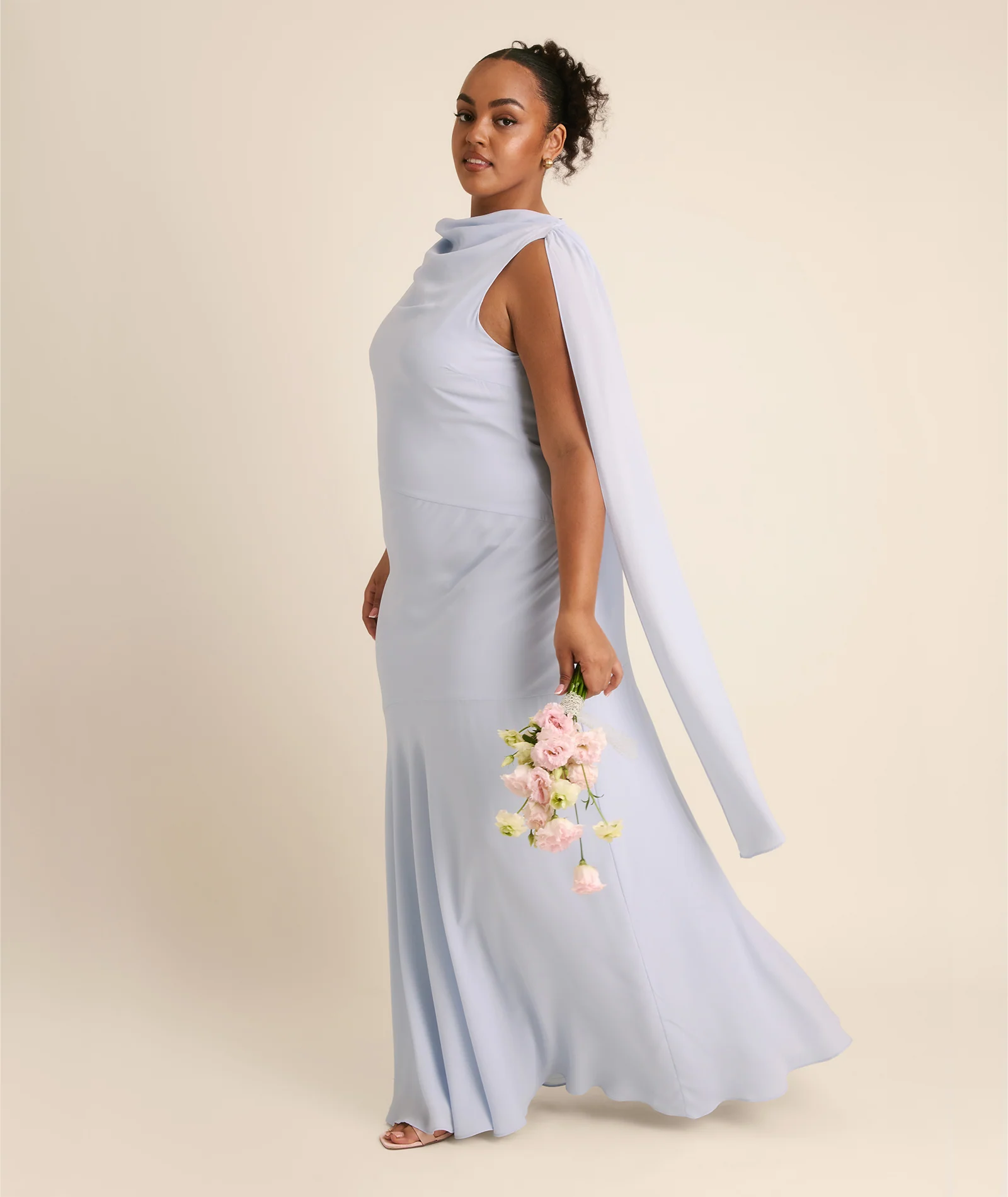 High Cowl Neck Drape Chiffon Bridesmaid Dress - Powder Blue - Image 3