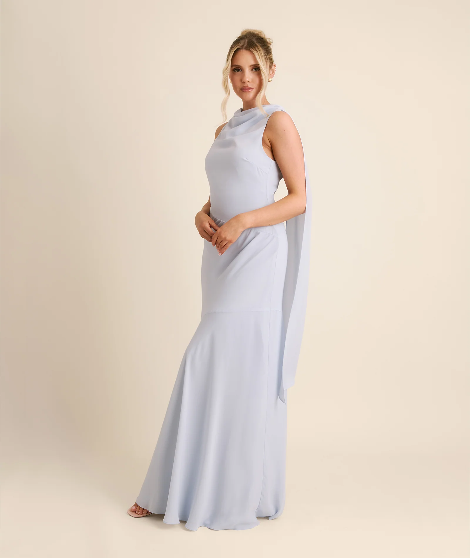 High Cowl Neck Drape Chiffon Bridesmaid Dress - Powder Blue - Image 7