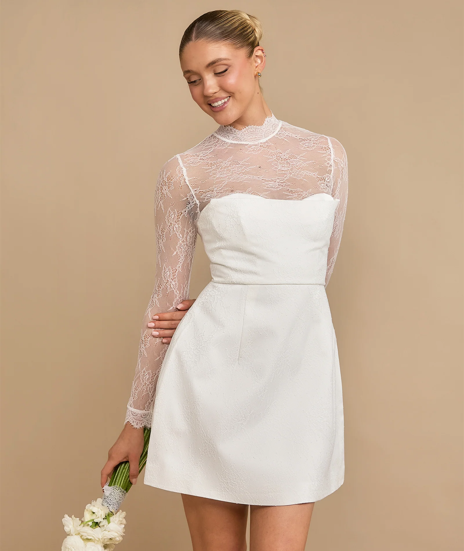 Lace Sleeve Cup Detail Mini Dress - White - Image 5