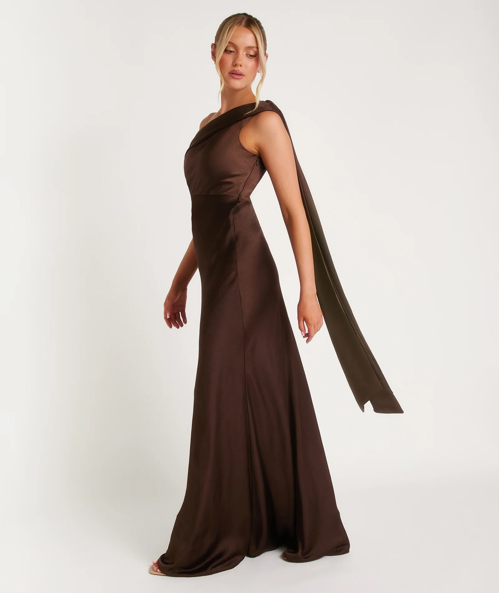 One Shoulder Drape Satin Bridesmaid Dress - Chocolate - Image 3