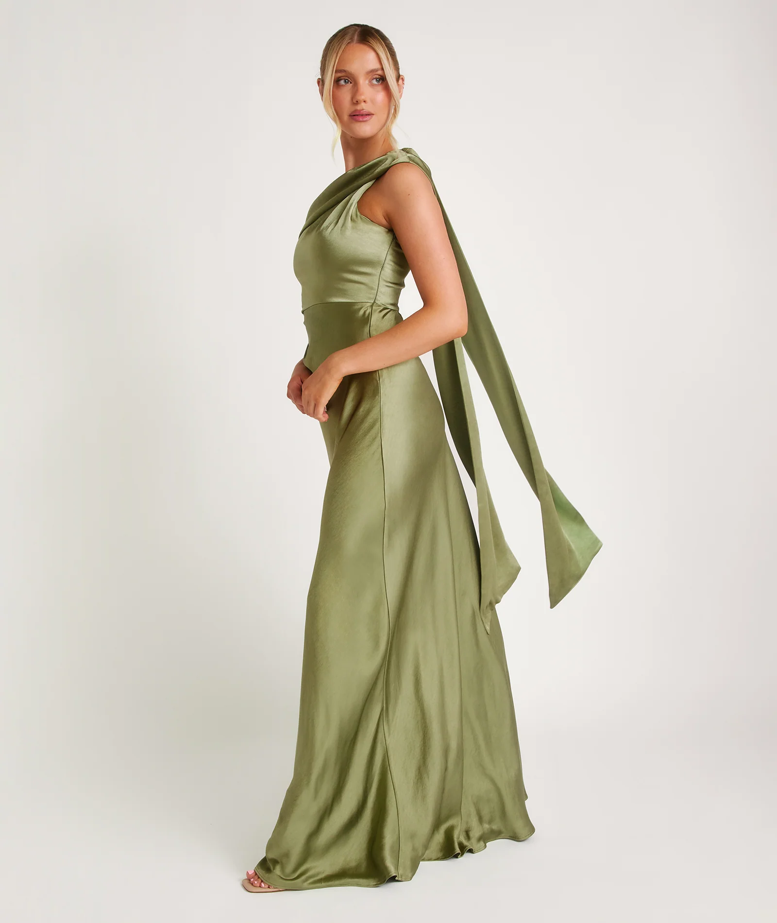 One Shoulder Drape Satin Bridesmaid Dress - Moss Green - Image 4