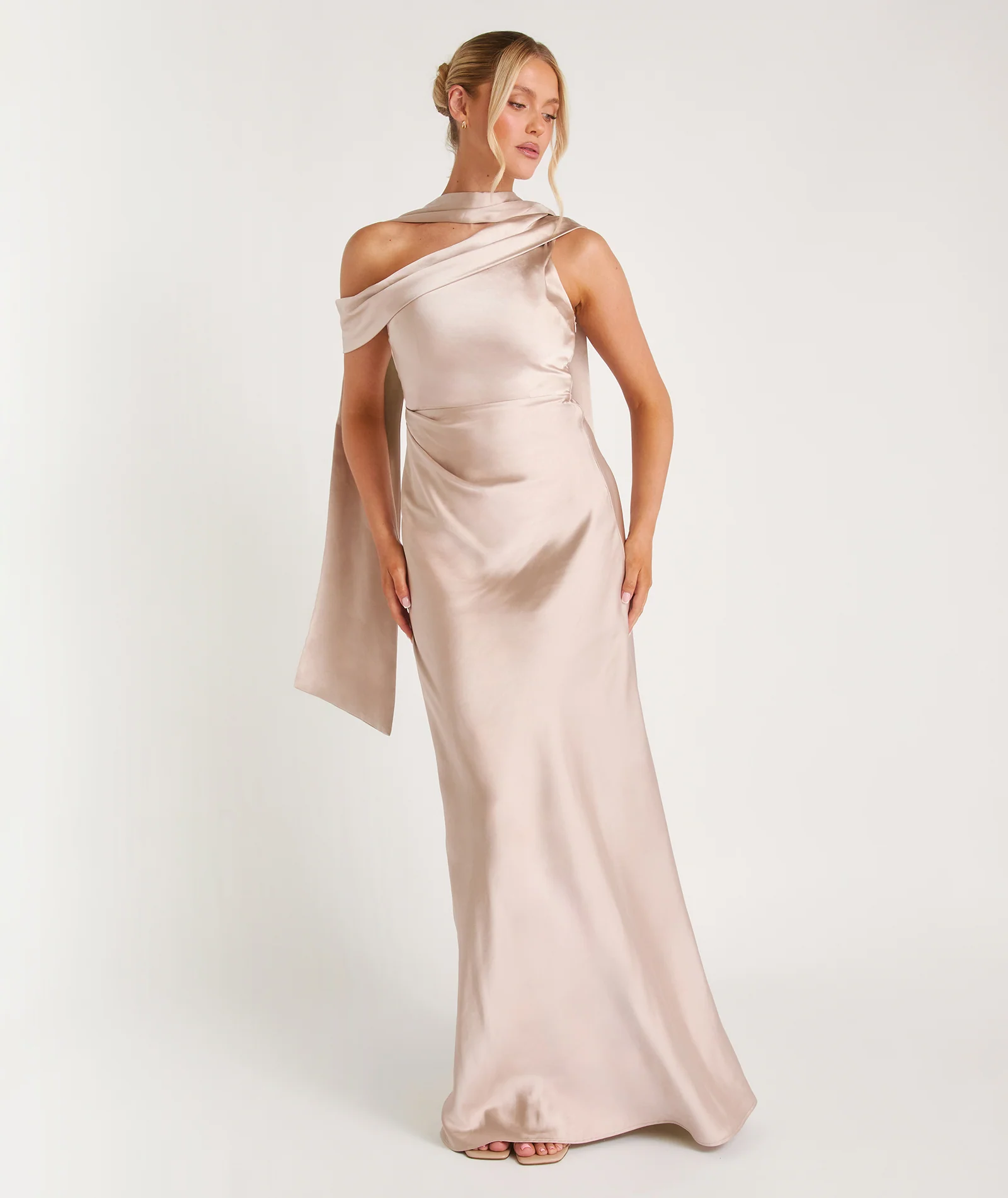 One Shoulder Drape Satin Bridesmaid Dress - Oyster - Image 5