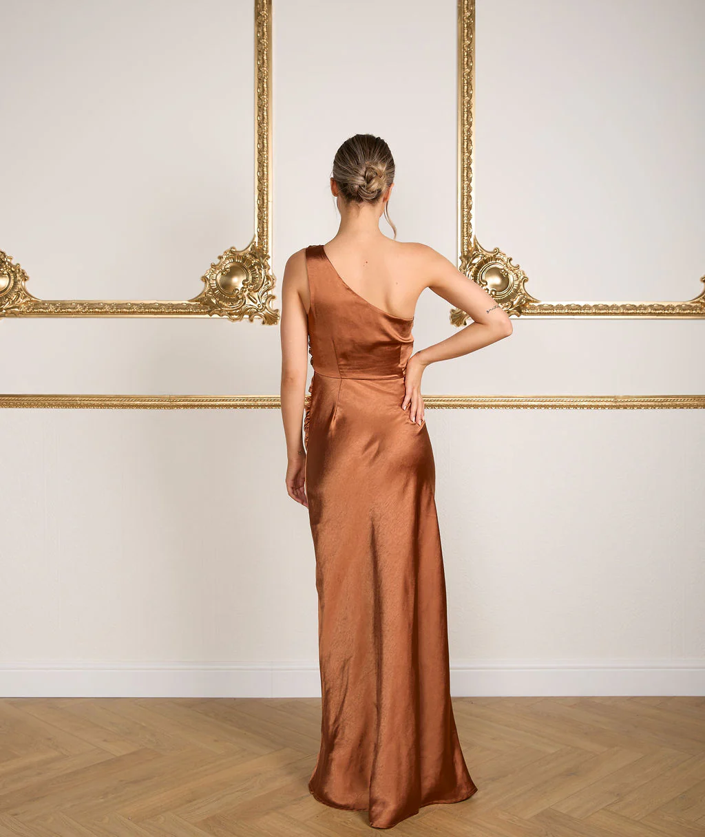 One Shoulder Satin Bridesmaid Dress - Rust - Image 3