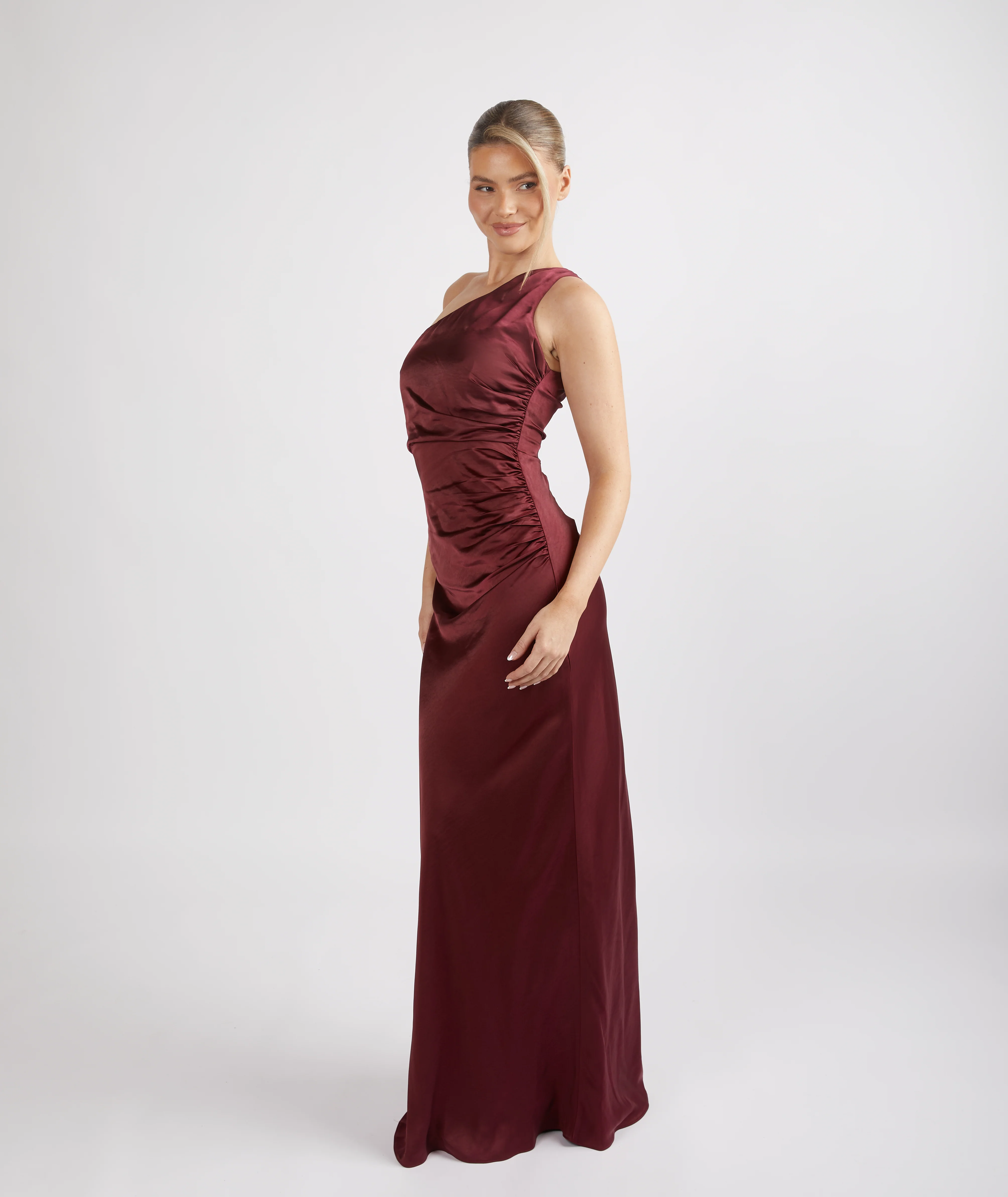 One Shoulder Satin Bridesmaid Dress - Deep Wine - Image 4