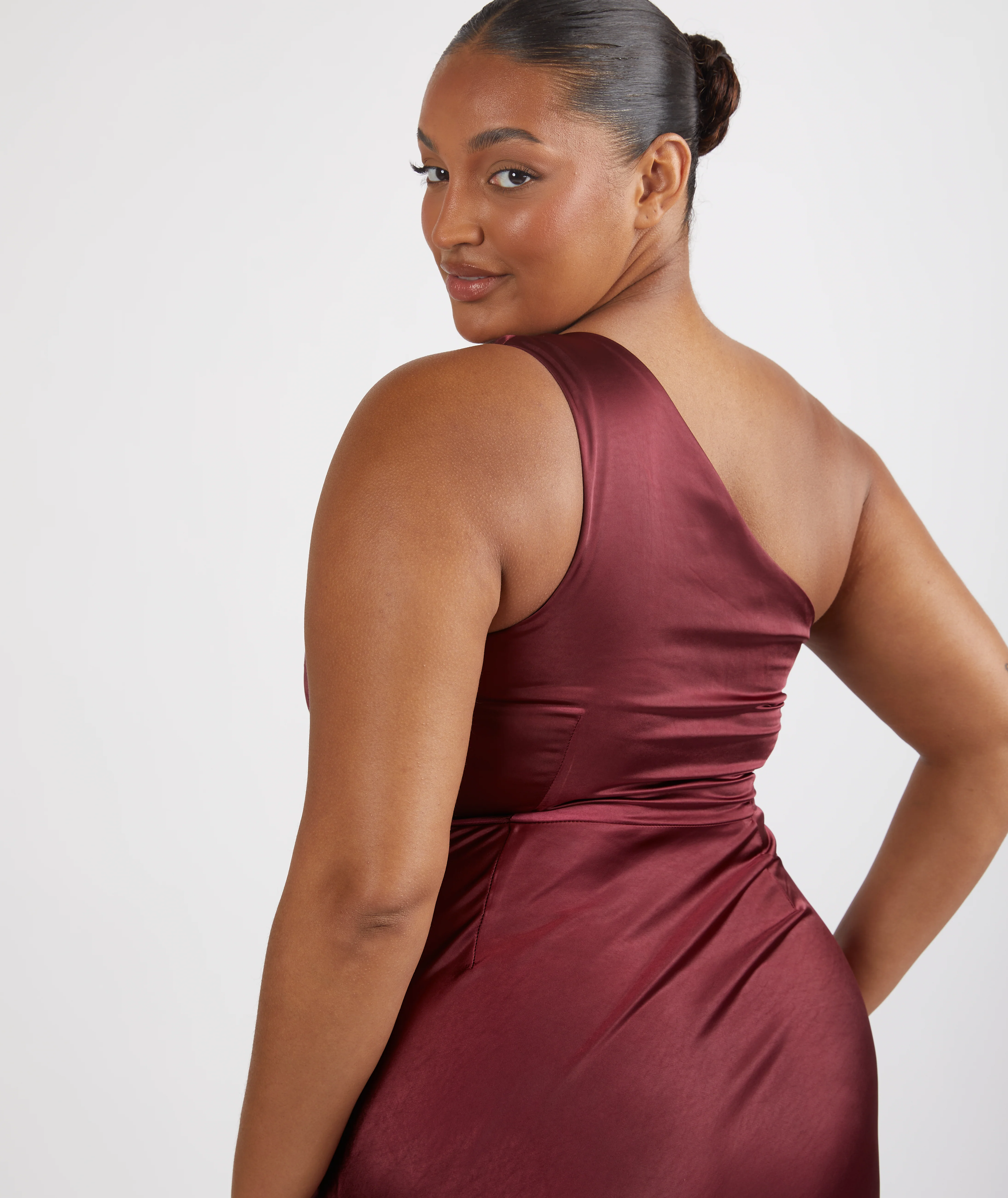 One Shoulder Satin Bridesmaid Dress - Deep Wine - Image 6