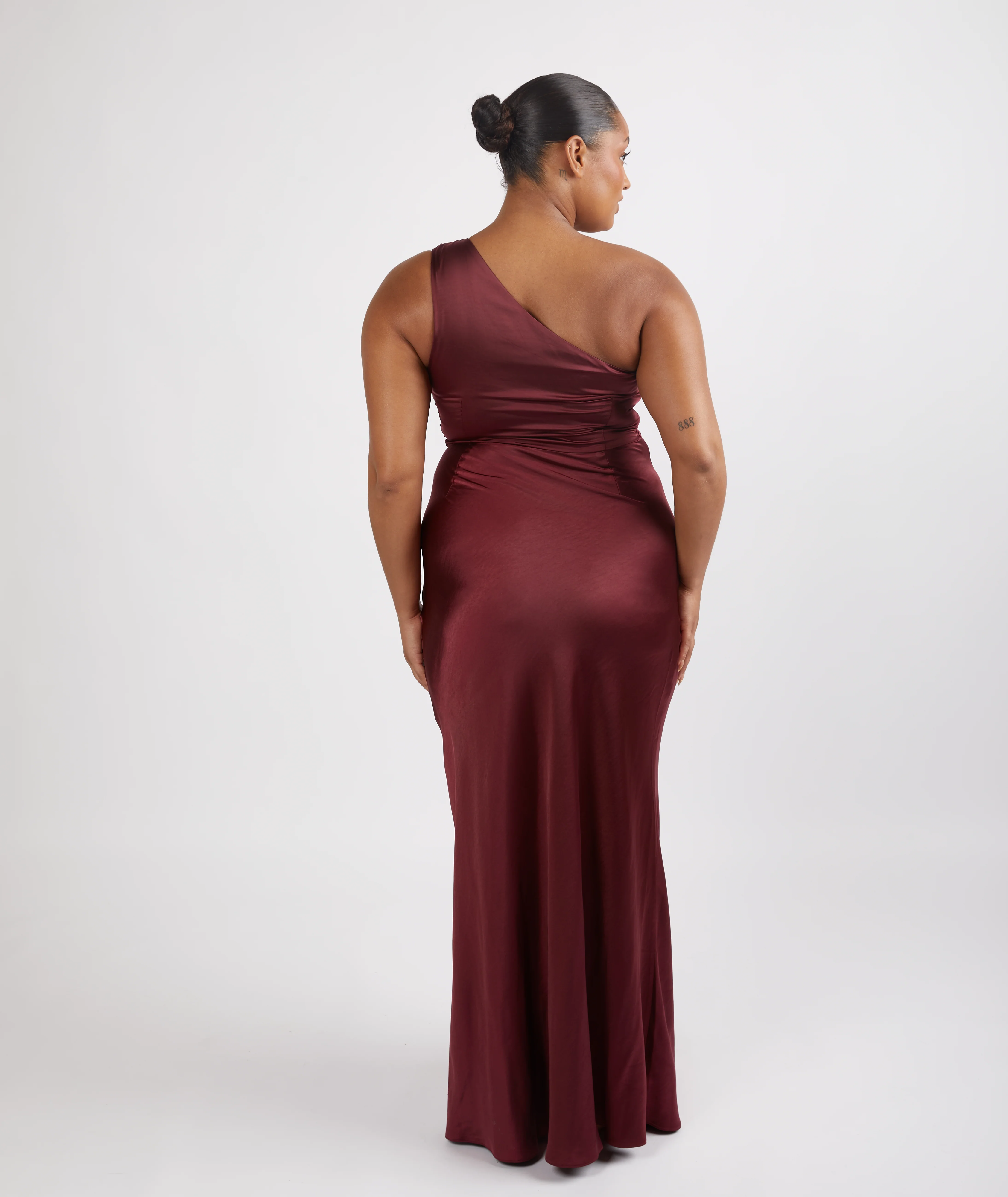 One Shoulder Satin Bridesmaid Dress - Deep Wine - Image 7