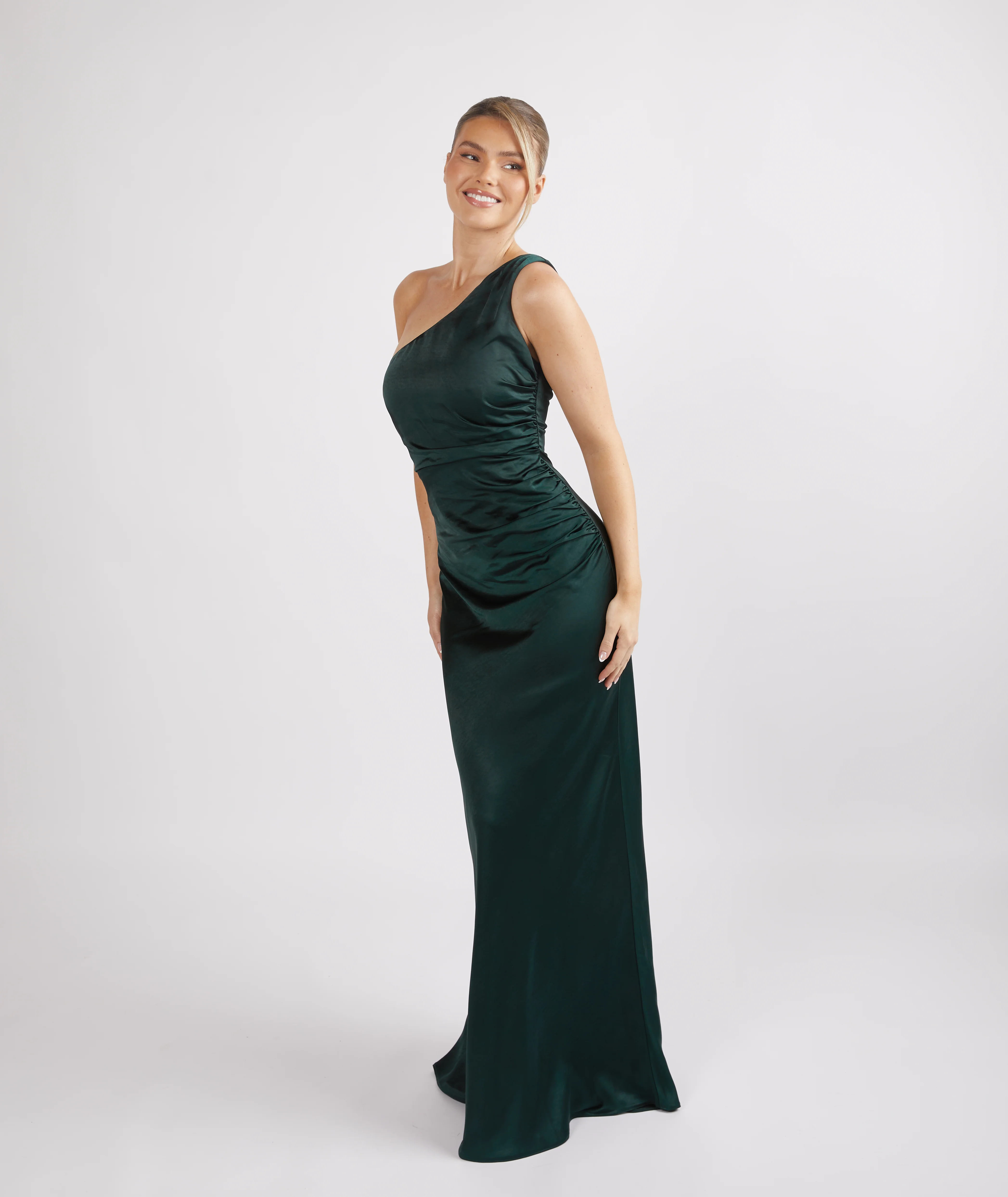 One Shoulder Satin Bridesmaid Dress - Emerald - Image 3