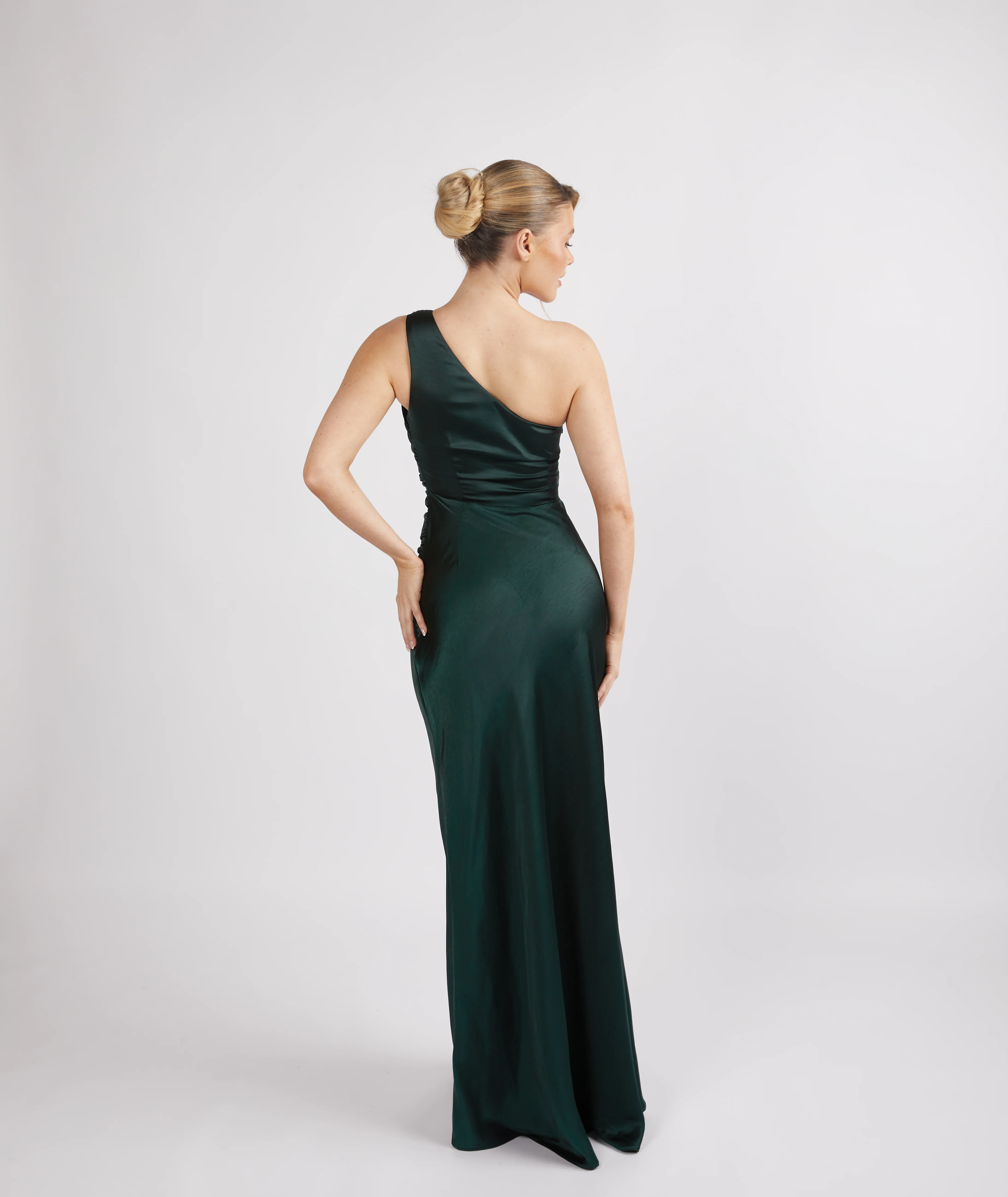 One Shoulder Satin Bridesmaid Dress - Emerald - Image 4