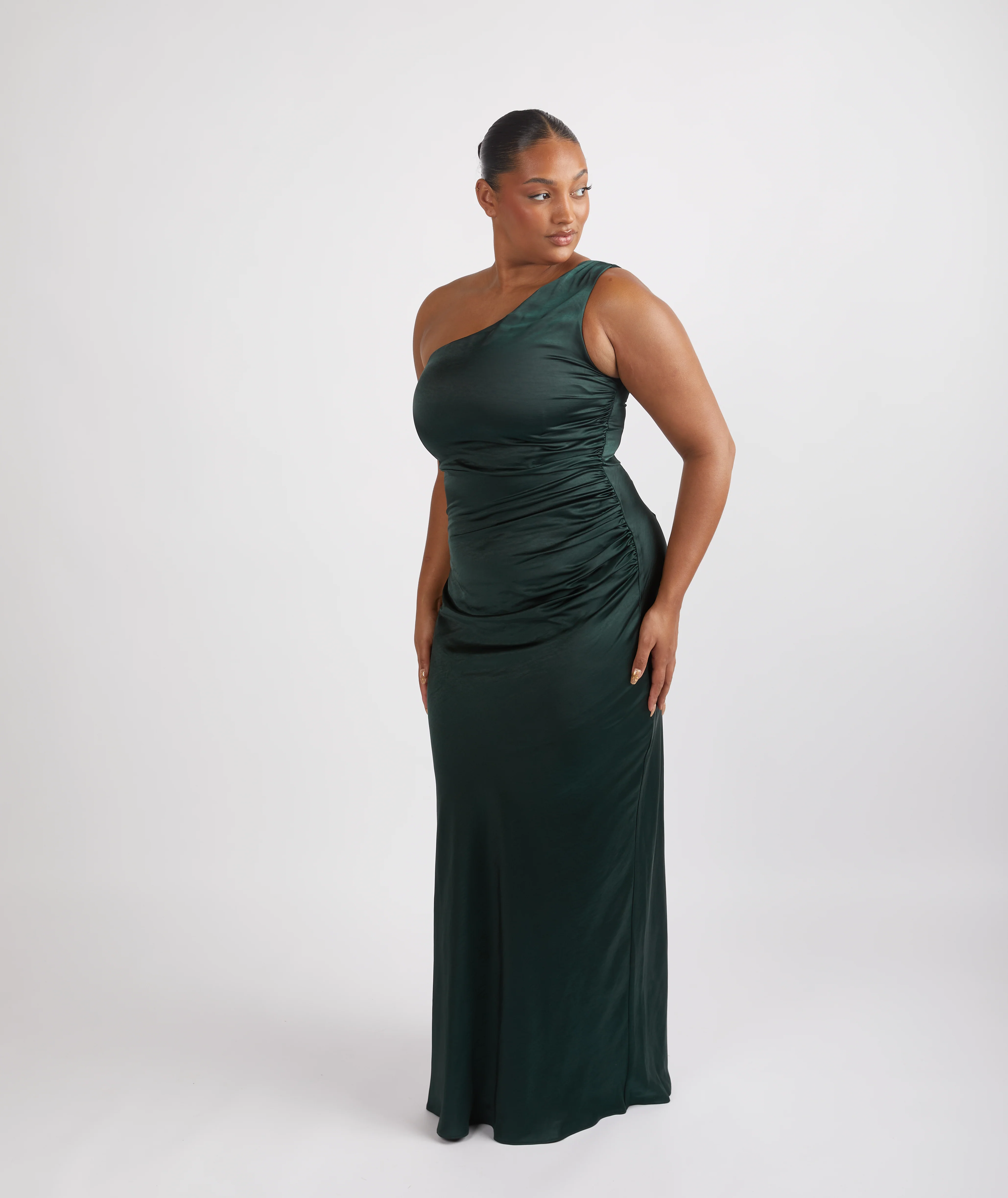 One Shoulder Satin Bridesmaid Dress - Emerald - Image 5