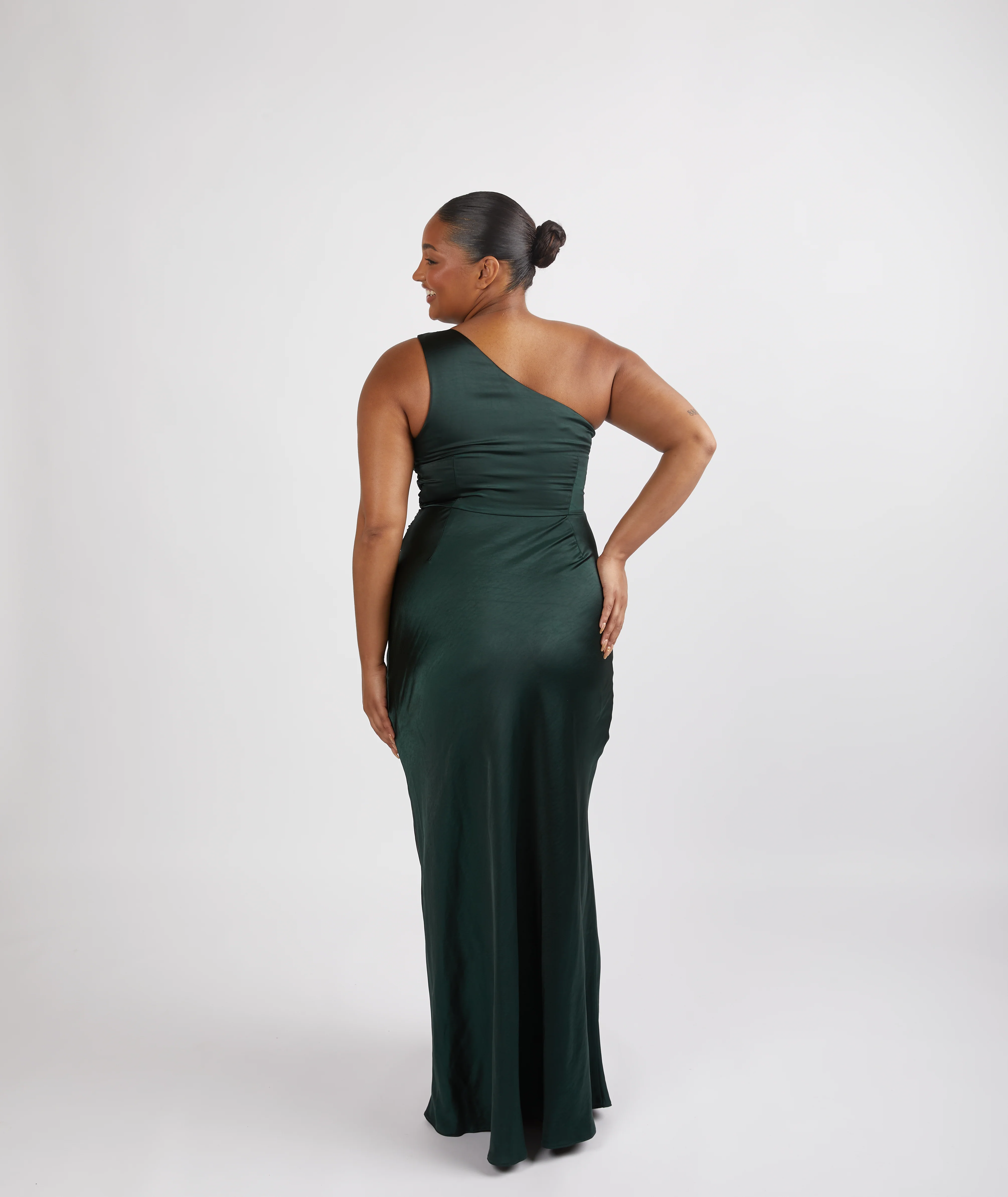 One Shoulder Satin Bridesmaid Dress - Emerald - Image 6