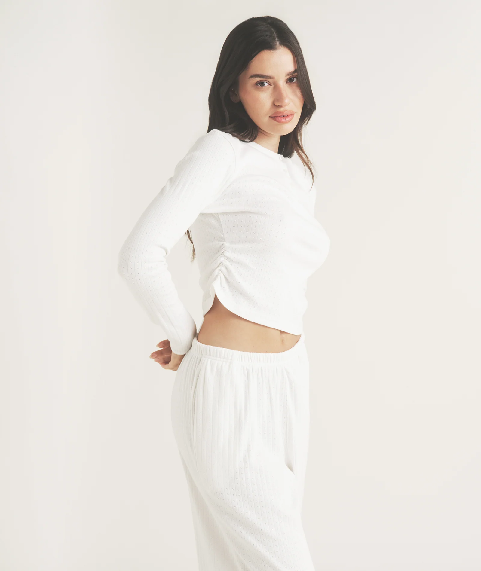 Pointelle Long Sleeve Pyjama Top - Coconut - Image 3