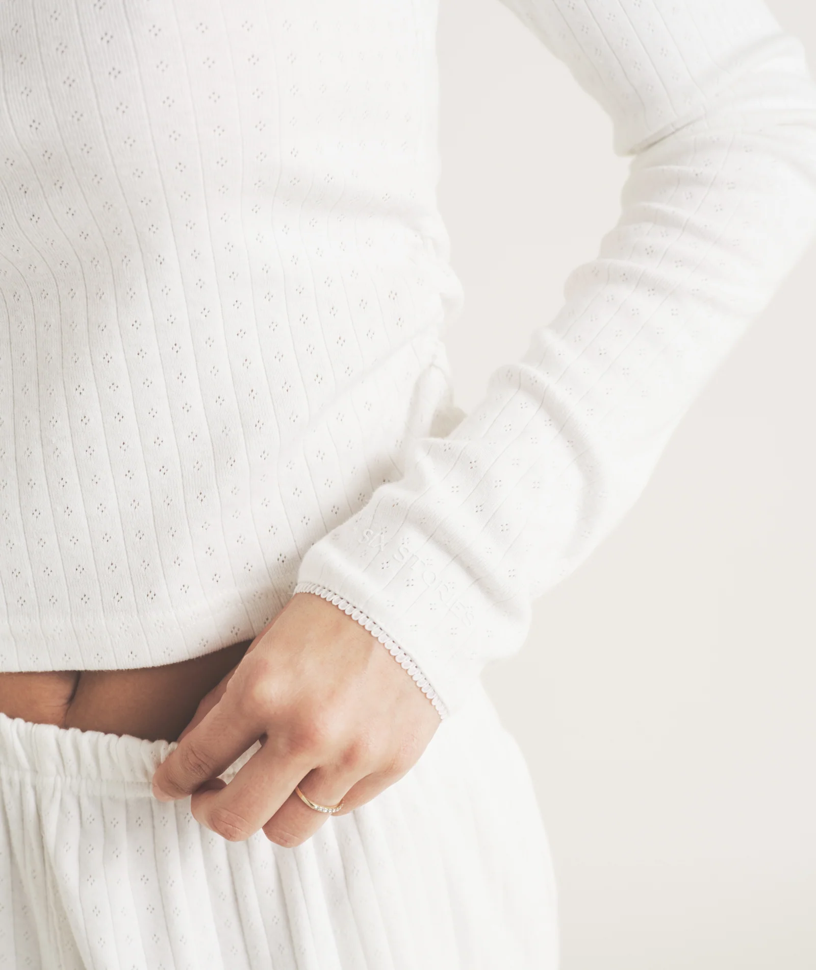 Pointelle Long Sleeve Pyjama Top - Coconut - Image 4