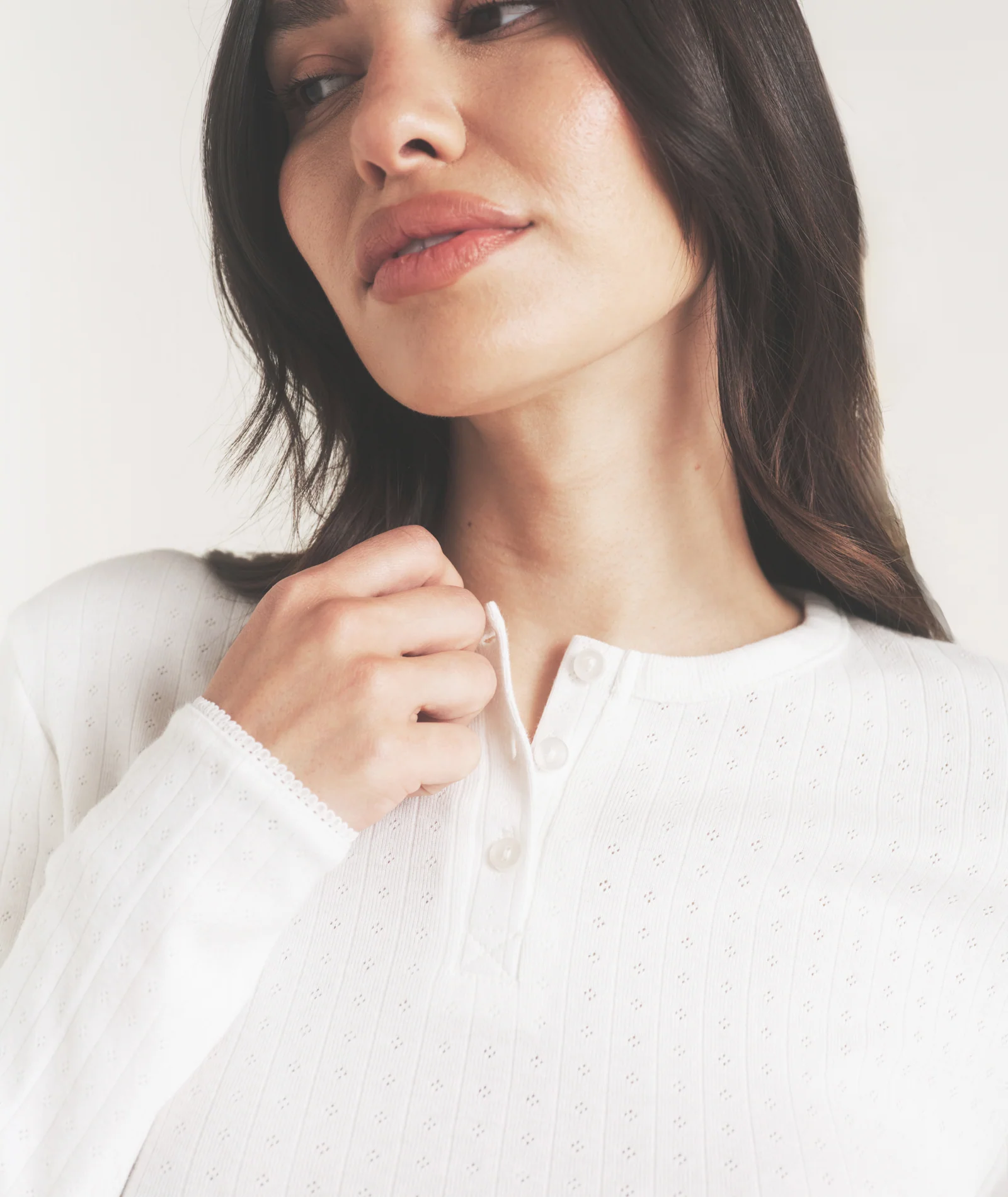 Pointelle Long Sleeve Pyjama Top - Coconut - Image 5