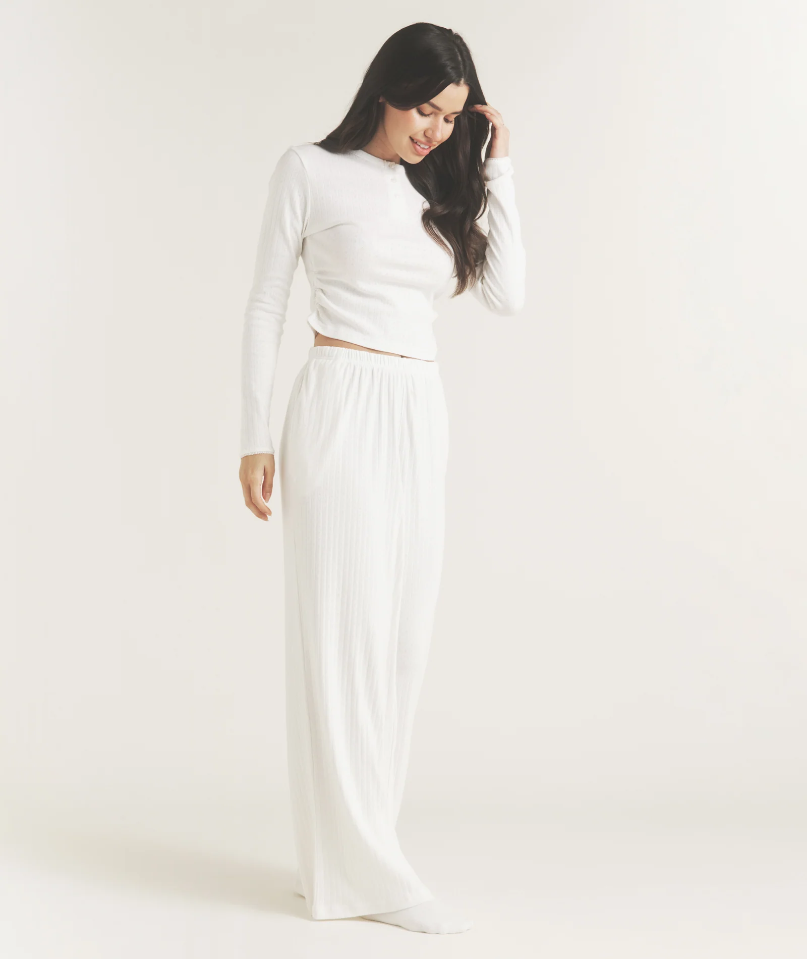 Pointelle Long Sleeve Pyjama Top - Coconut - Image 7