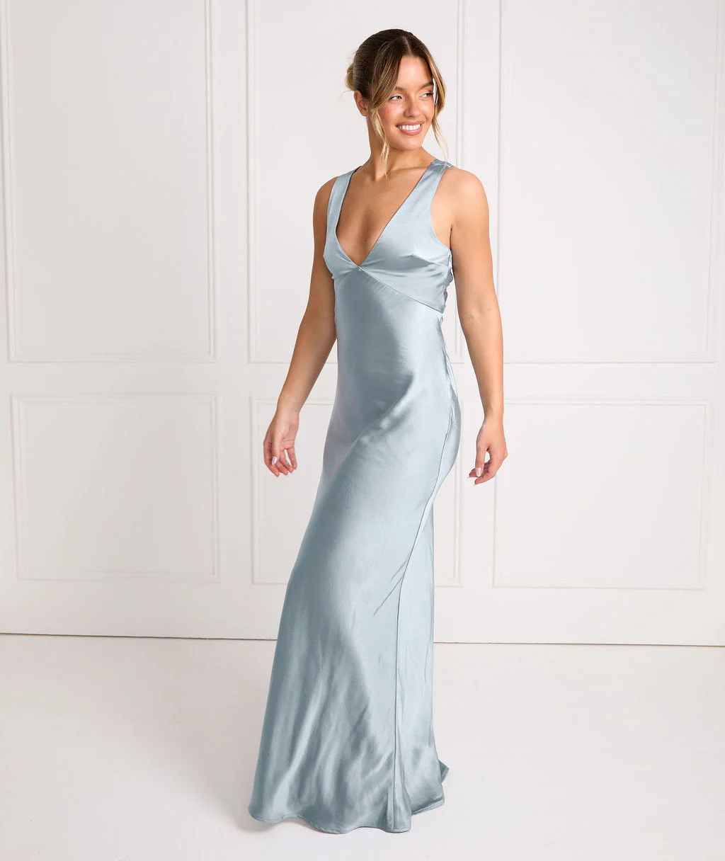 Twist Back Satin Bridesmaid Dress - Dusty Blue - Image 4