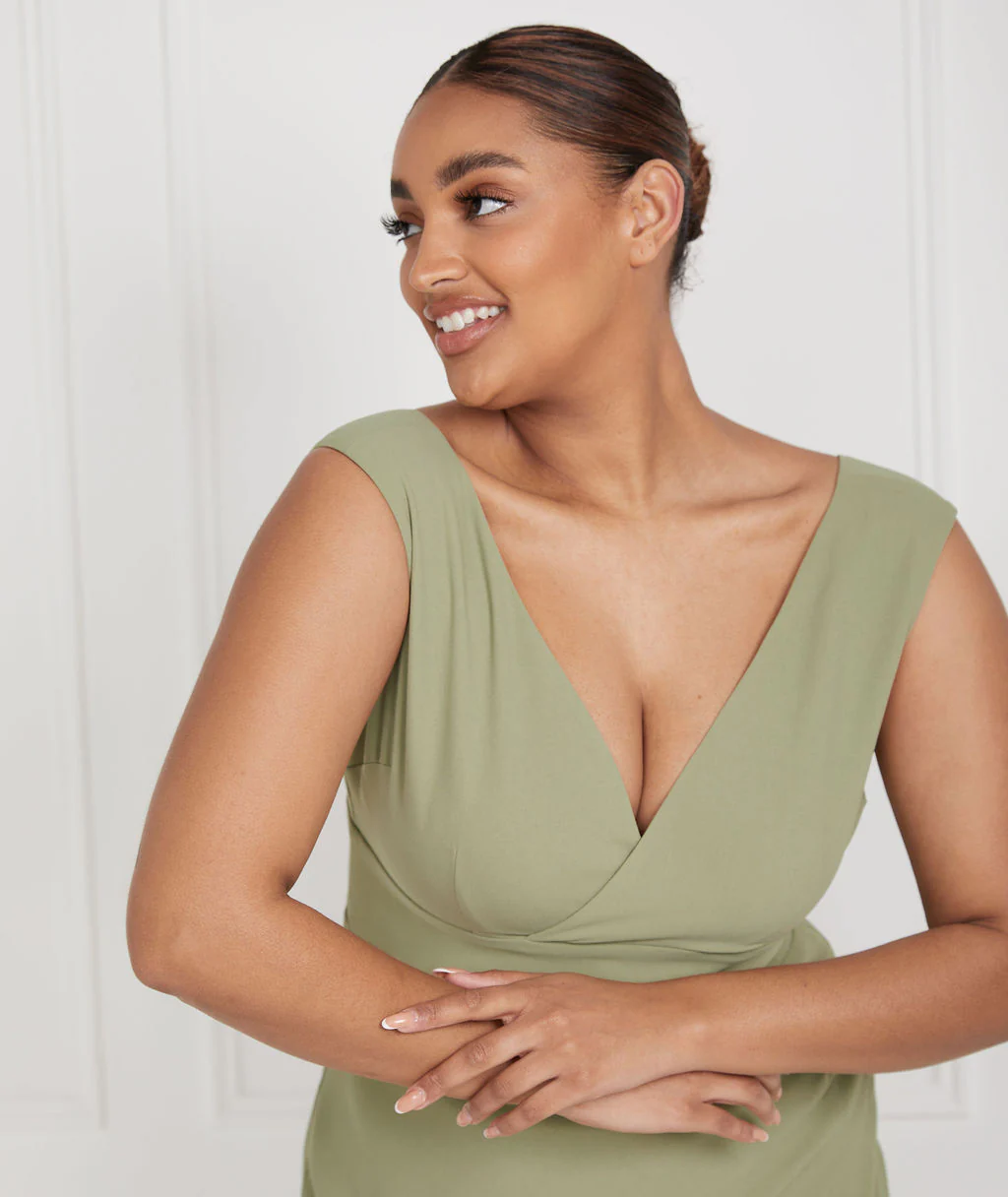 V Neck Crepe Bridesmaid Dress - Sage - Image 3