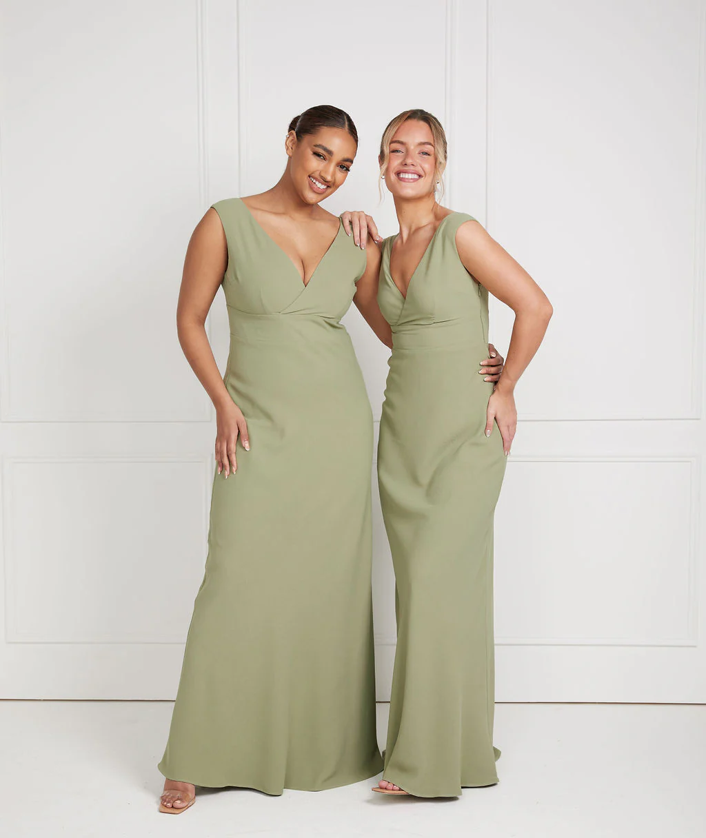 V Neck Crepe Bridesmaid Dress - Sage - Image 4