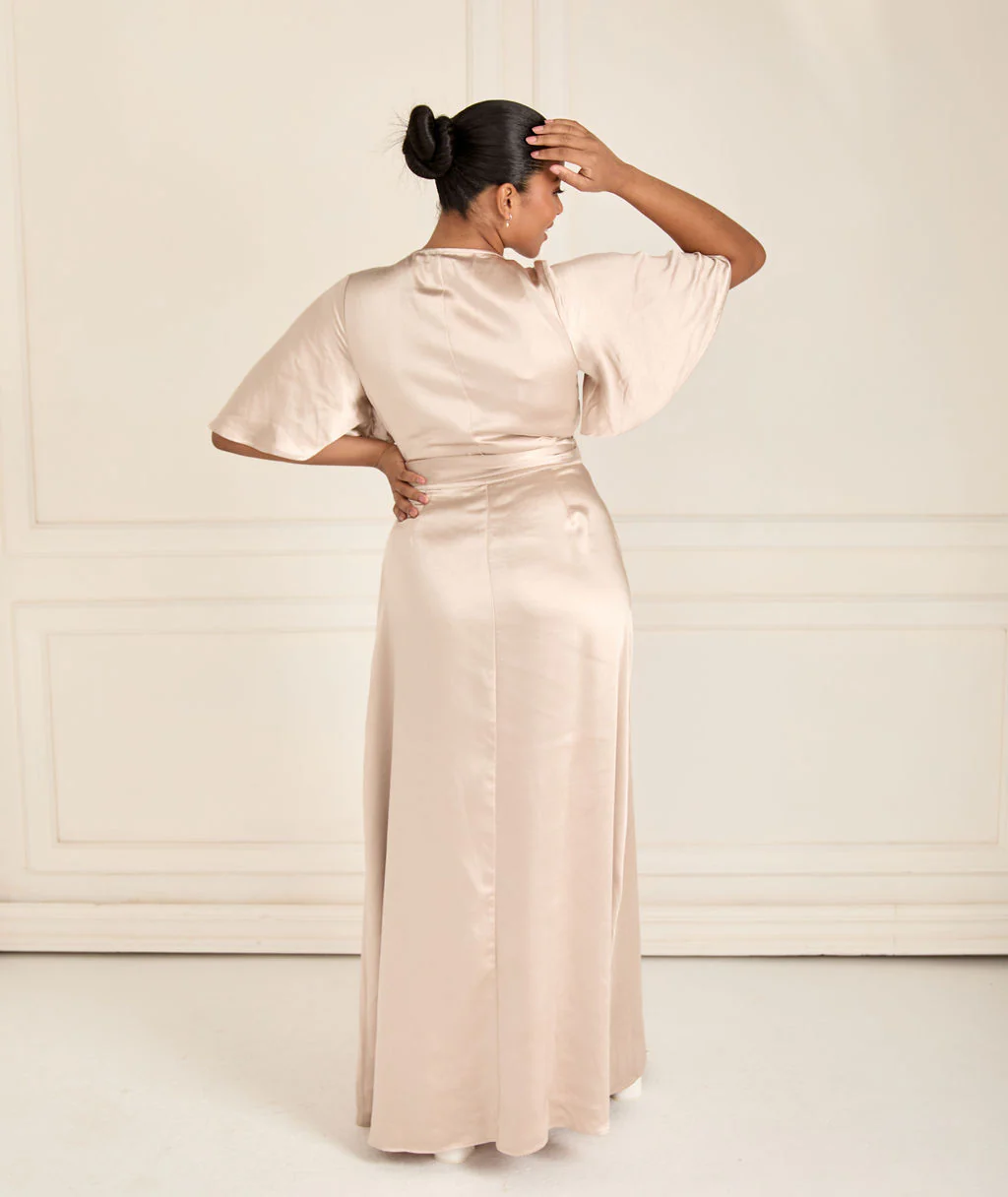 Wrap Tie Satin Bridesmaid Dress - Oyster - Image 3