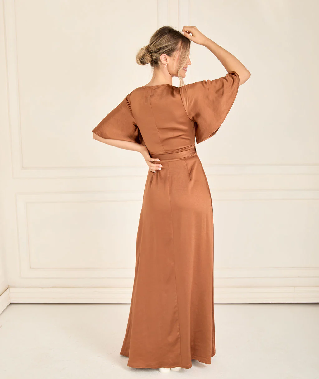 Wrap Tie Satin Bridesmaid Dress - Rust - Image 3