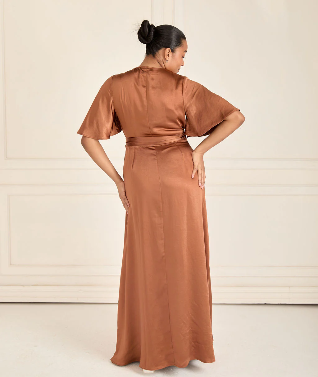 Wrap Tie Satin Bridesmaid Dress - Rust - Image 6
