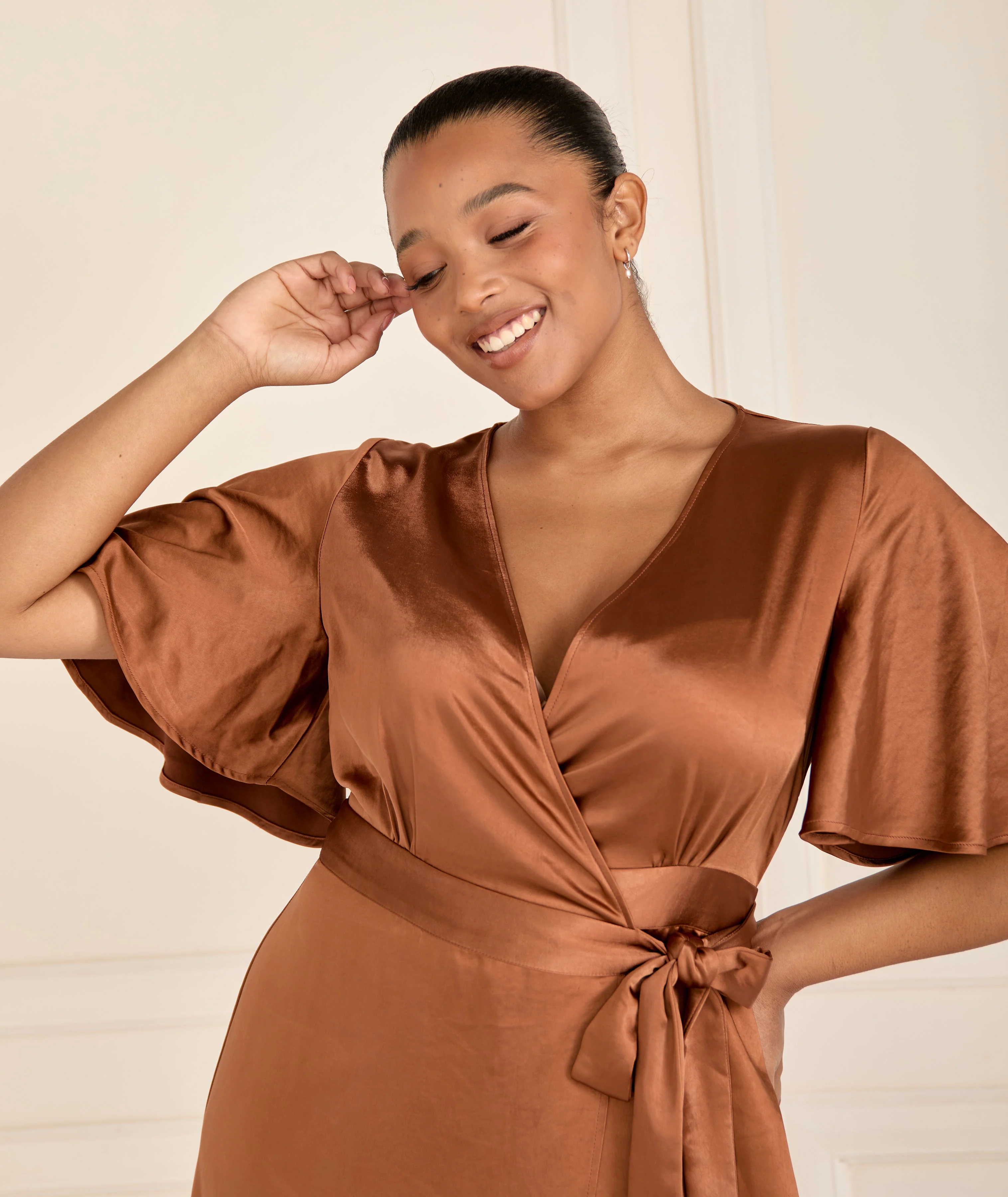 Wrap Tie Satin Bridesmaid Dress - Rust - Image 7